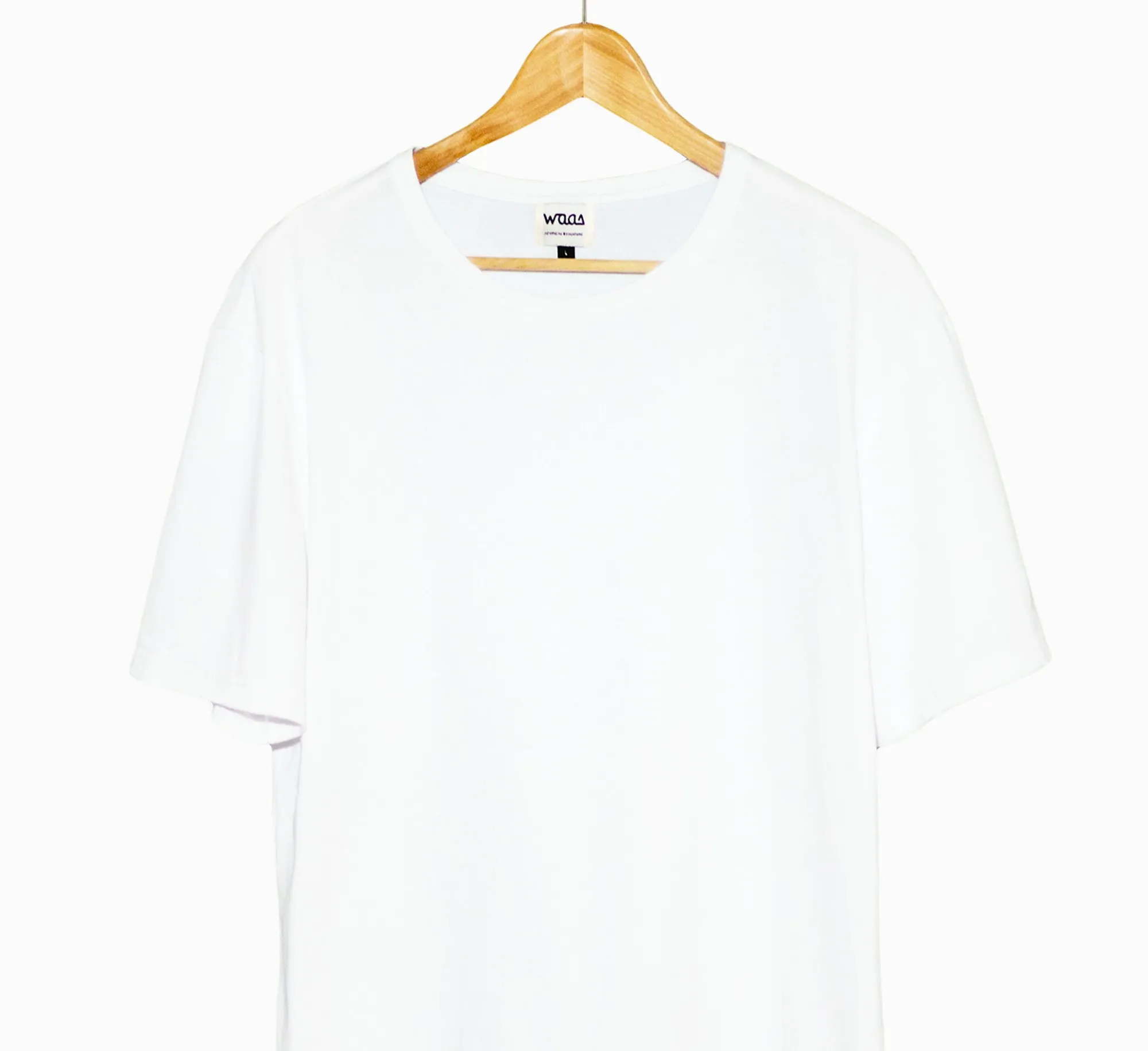 A blank WAAS tee on a wooden hanger