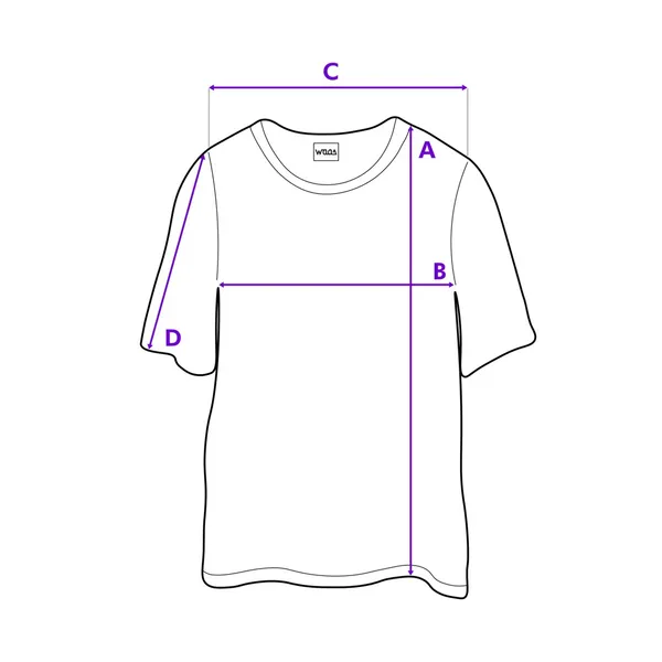 Schéma du t-shirt WAAS : A longueur devant, B largeur poitrine, C largeur épaules, D longueur manche